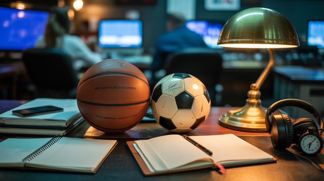 Bureau de rédaction sportive la nuit : ballons, carnets et écrans