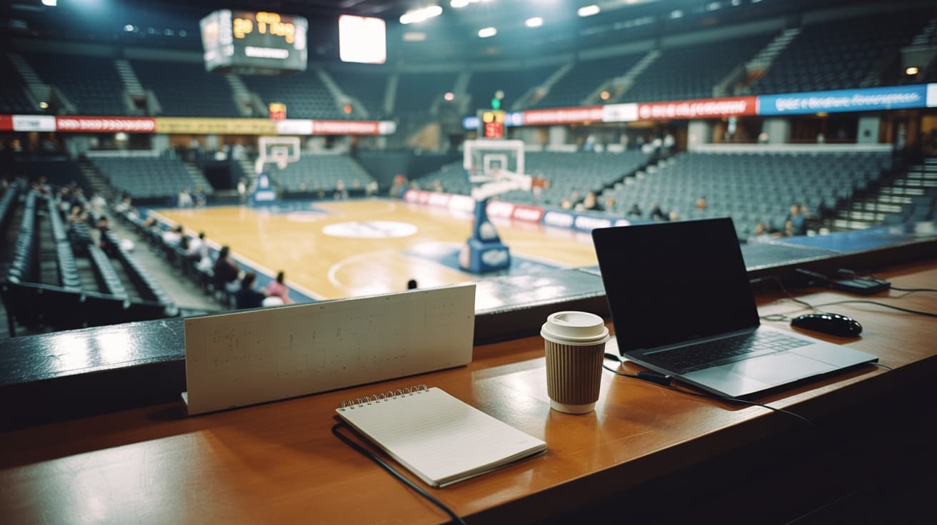 Tribune de presse déserte surplombant une salle de basket illuminée