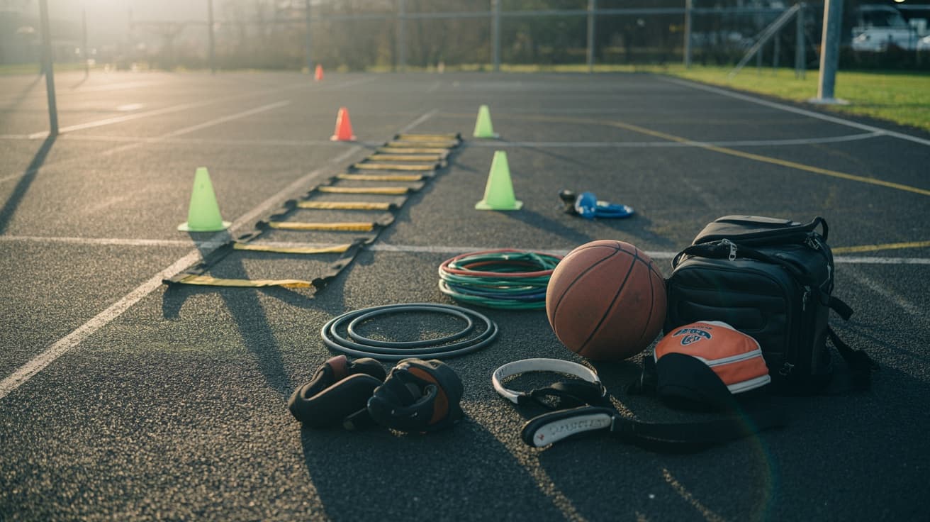 Matériel d'entraînement disposé sur un terrain de basket au crépuscule