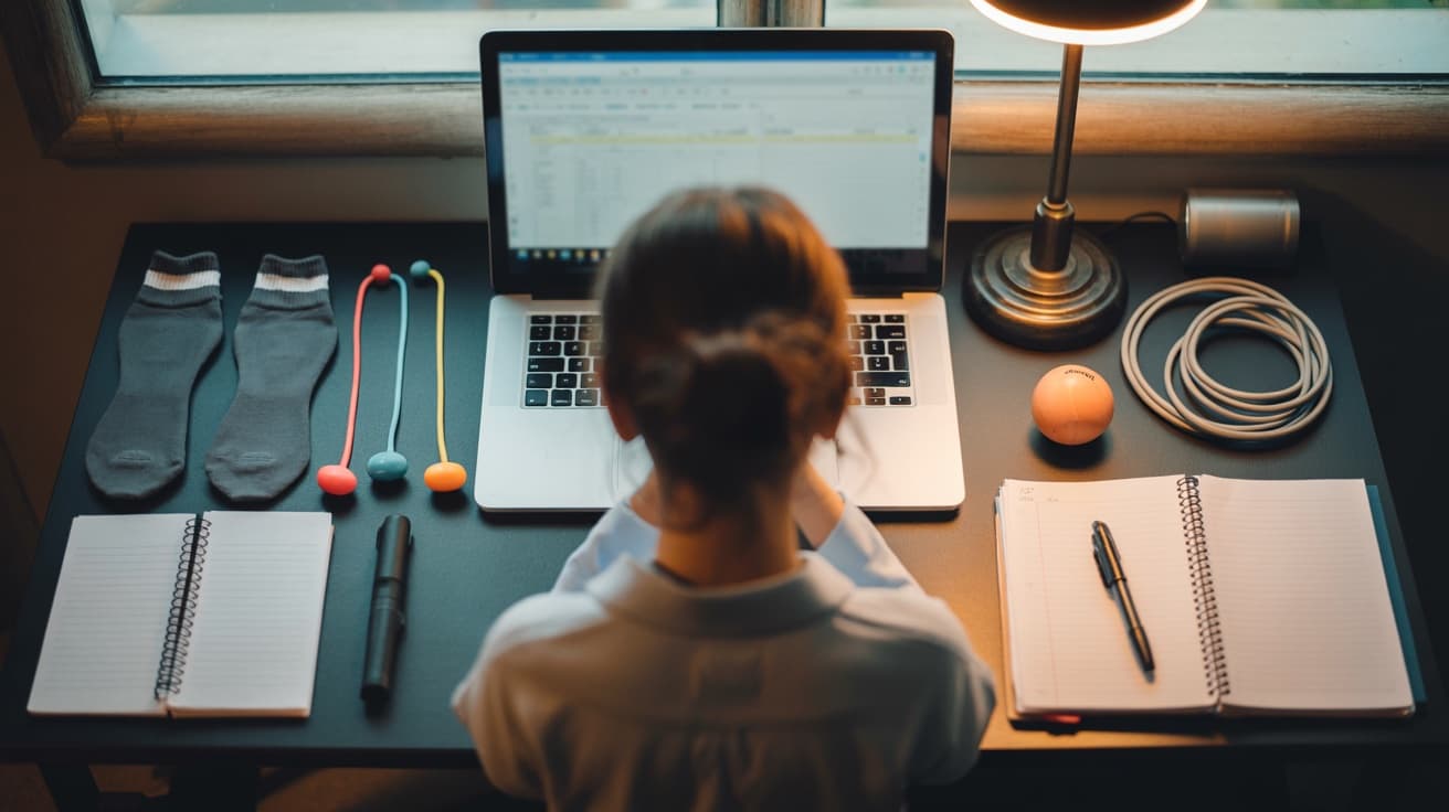 Vue du dessus d'un bureau de travail comparatif : équipements sportifs alignés, ordinateur et carnets