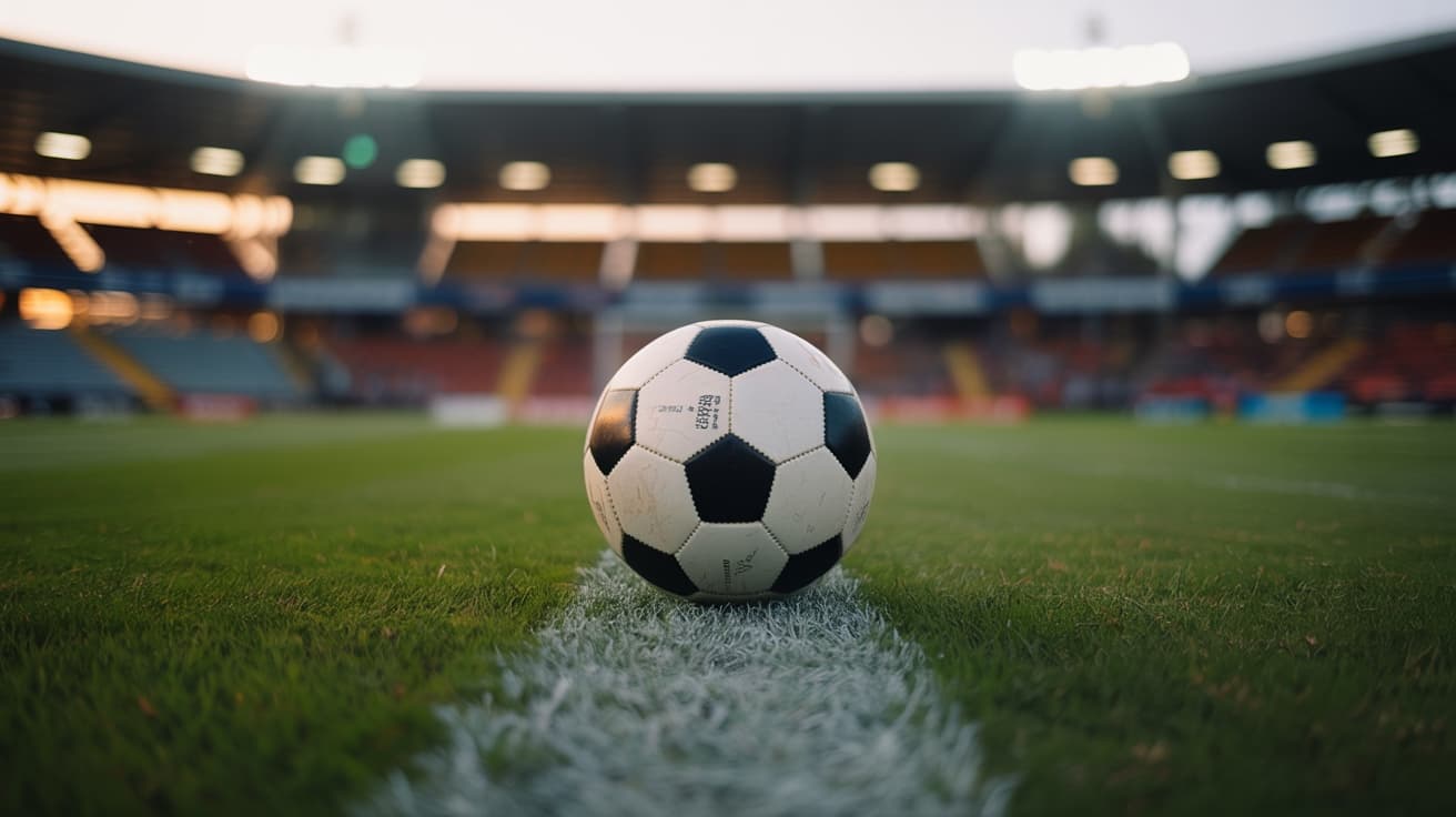 Ballon de football sur la ligne médiane d'un stade au crépuscule