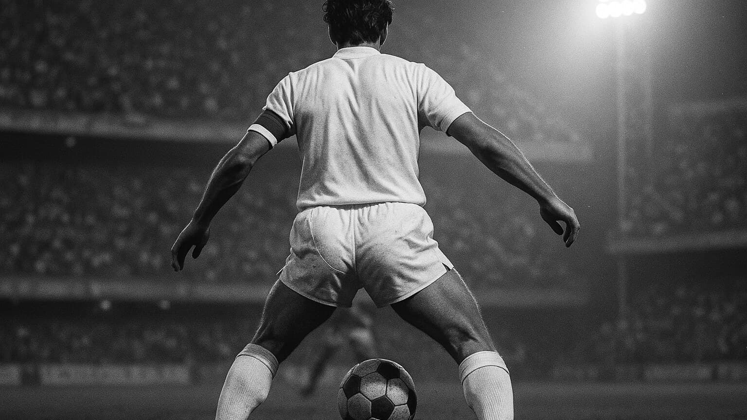 Croquis photographique en noir et blanc : un milieu récupérateur des années 90 vu de dos, brassard au bras, protégeant le ballon