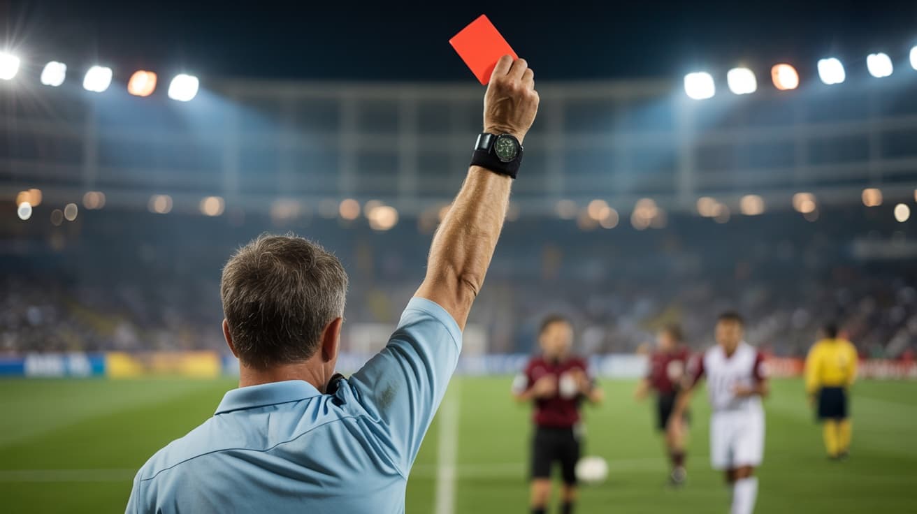 Un arbitre brandit un carton rouge sous les projecteurs, de dos, joueurs flous en arrière-plan
