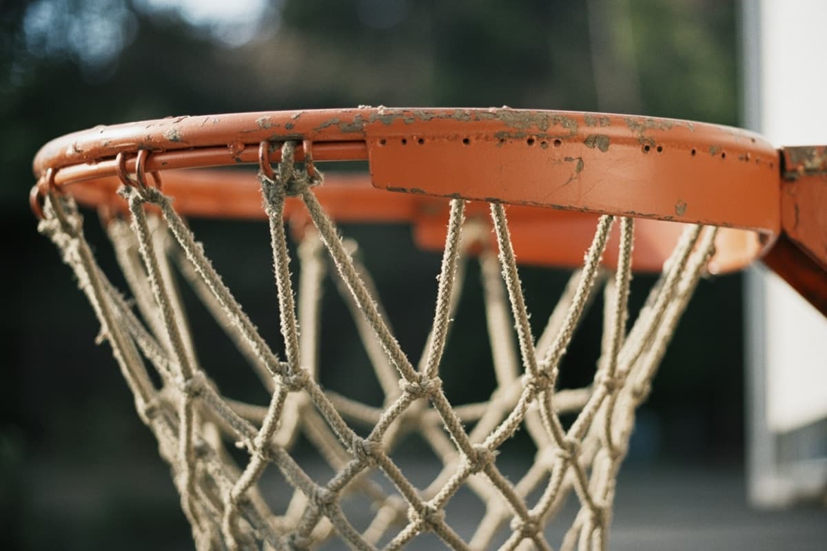 Gros plan sur un arceau de basket à la peinture écaillée et son filet usé