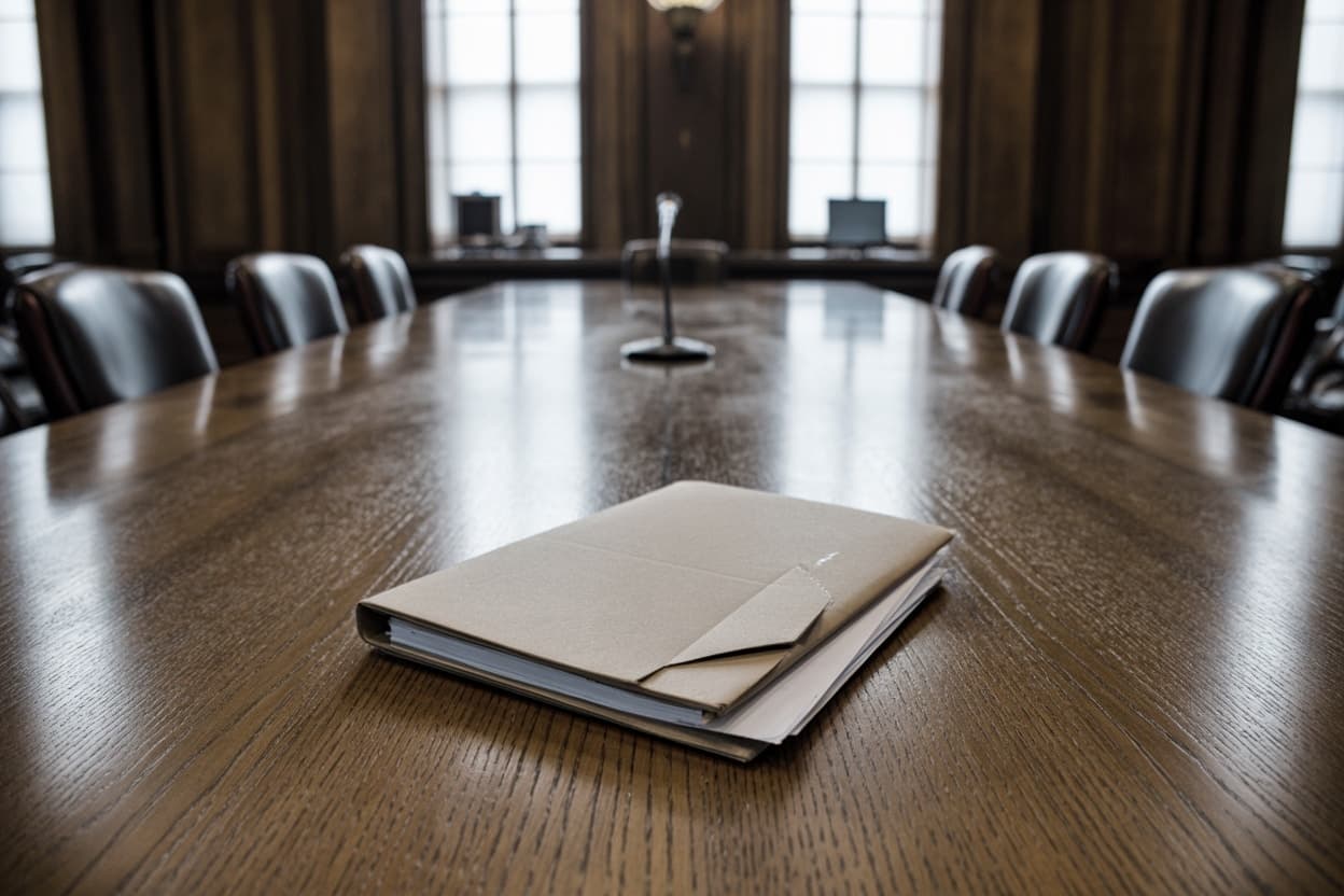 Table de réunion vide et dossier fermé dans une salle d'audition lambrissée, évoquant le passage des clubs devant la DNCG